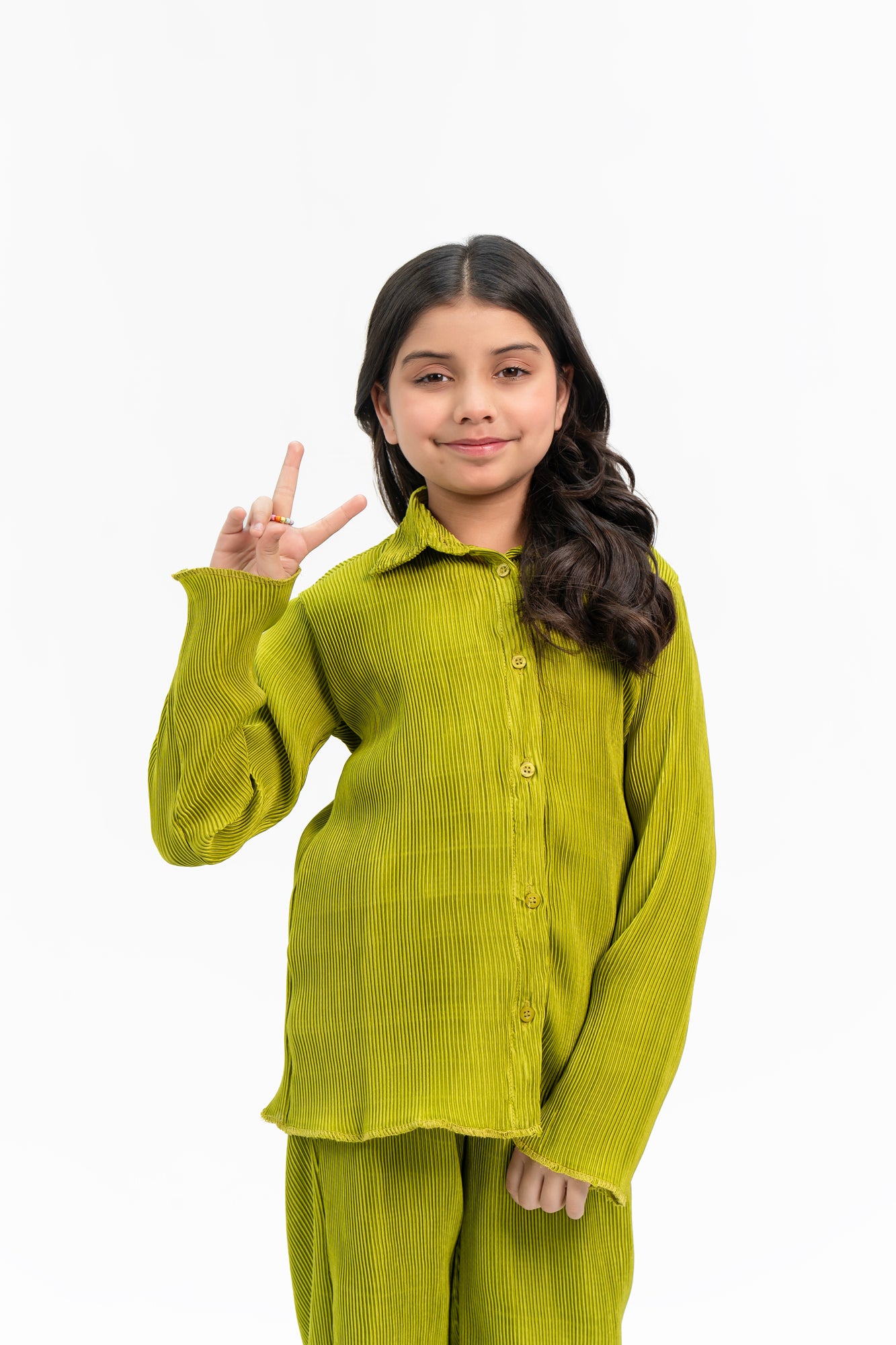 Girls Pleated Fabric Long Sleeve Shirt -  Lime Green