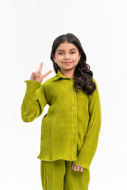 Girls Pleated Fabric Long Sleeve Shirt -  Lime Green