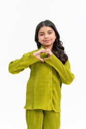 Girls Pleated Fabric Long Sleeve Shirt -  Lime Green