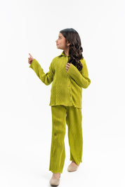 Girls Pleated Fabric Long Sleeve Shirt -  Lime Green