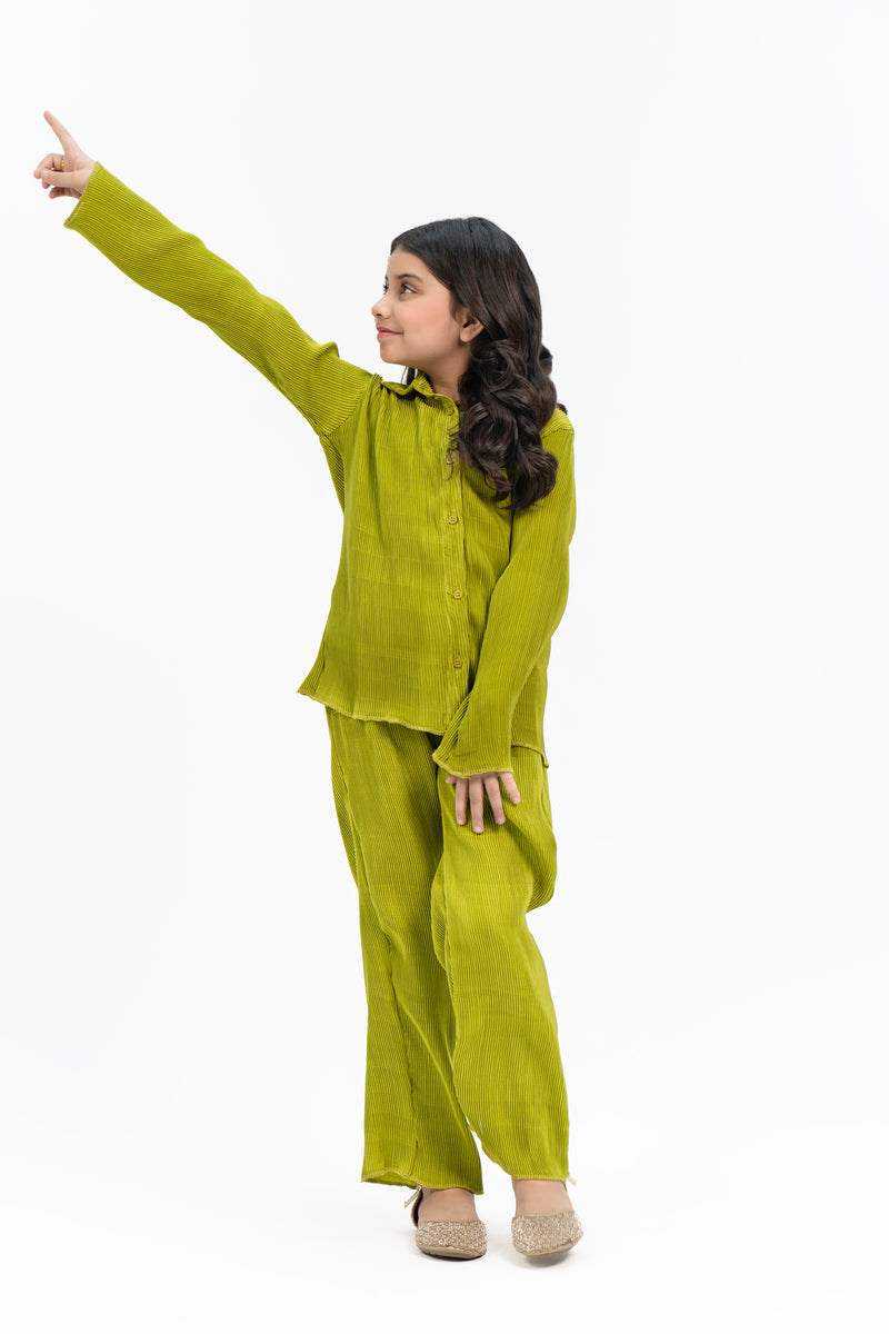 Girls Pleated Fabric Long Sleeve Shirt -  Lime Green