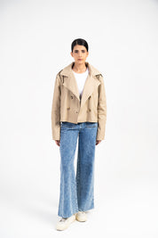 Double Breasted Cropped Trench Coat - Beige