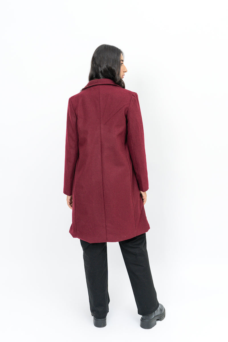 Classic One-Button Wool Coat - Burgundy