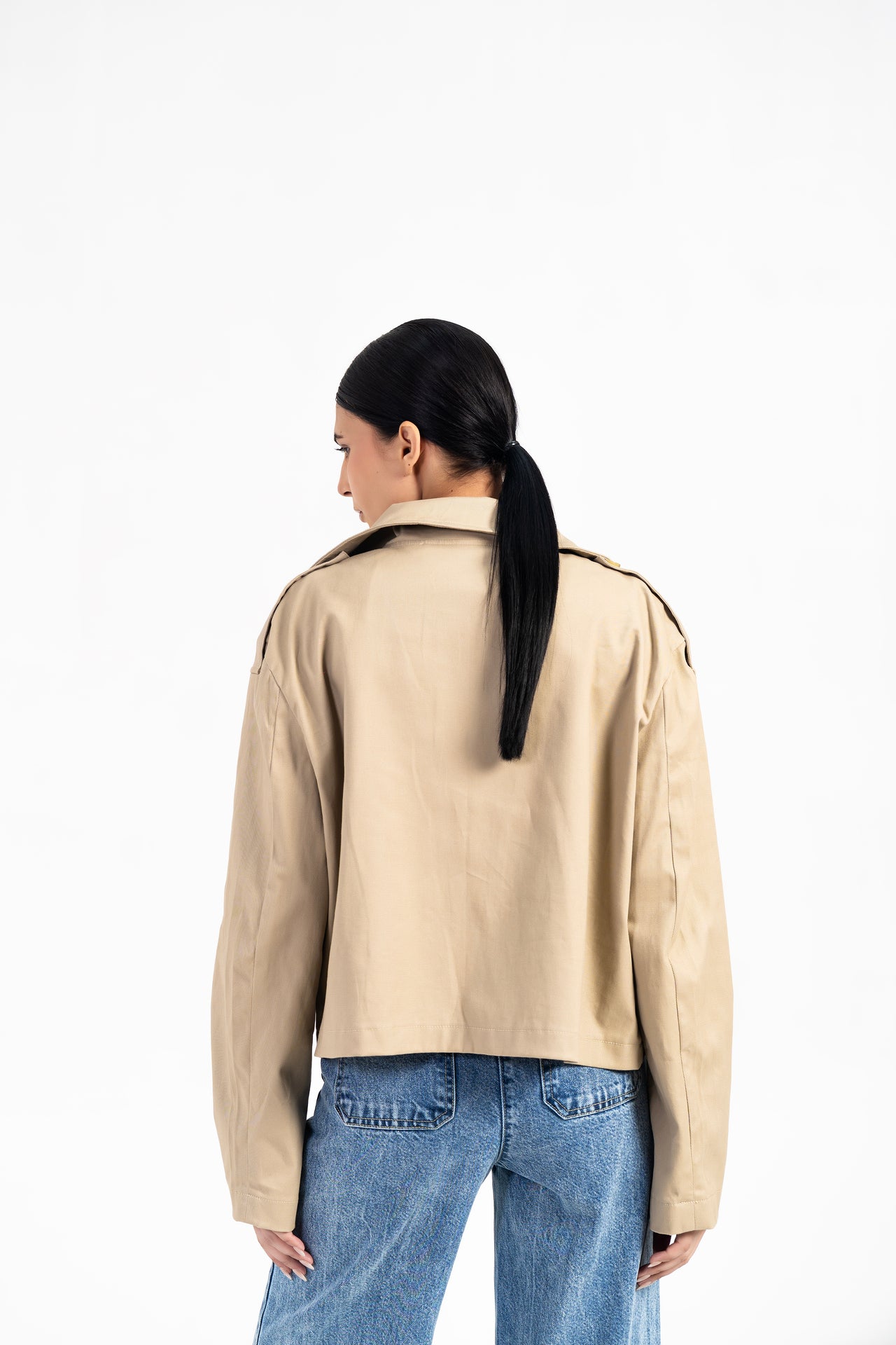Double Breasted Cropped Trench Coat - Beige