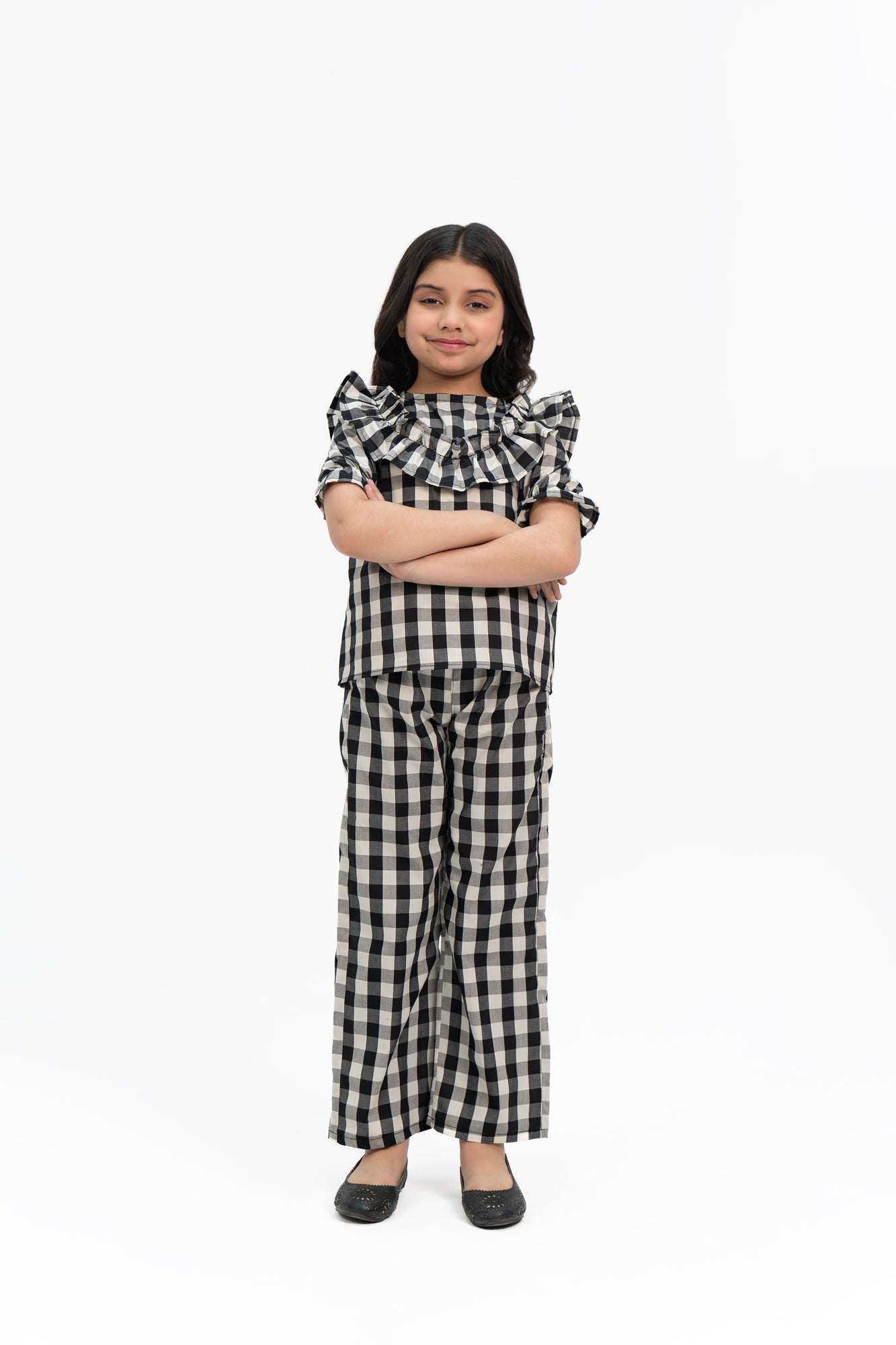 Girls Ruffle Puff Sleeve Top - Black White Gingham Check