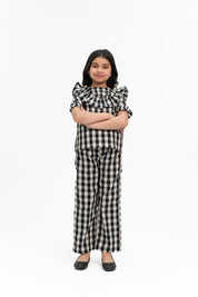 Girls Ruffle Puff Sleeve Top - Black White Gingham Check