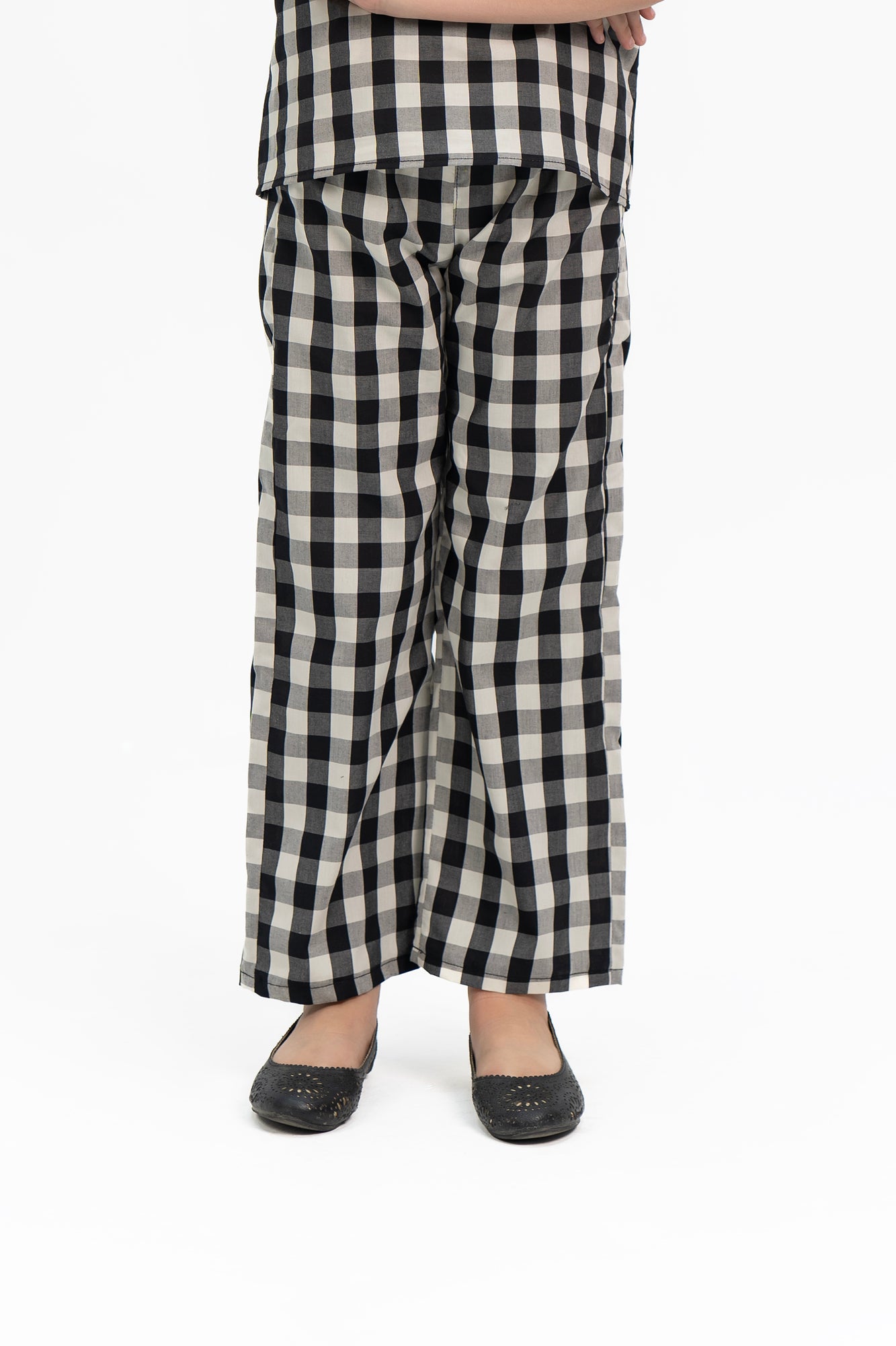 Girls Wide Leg Elasticated Pant - Black White Gingham Check