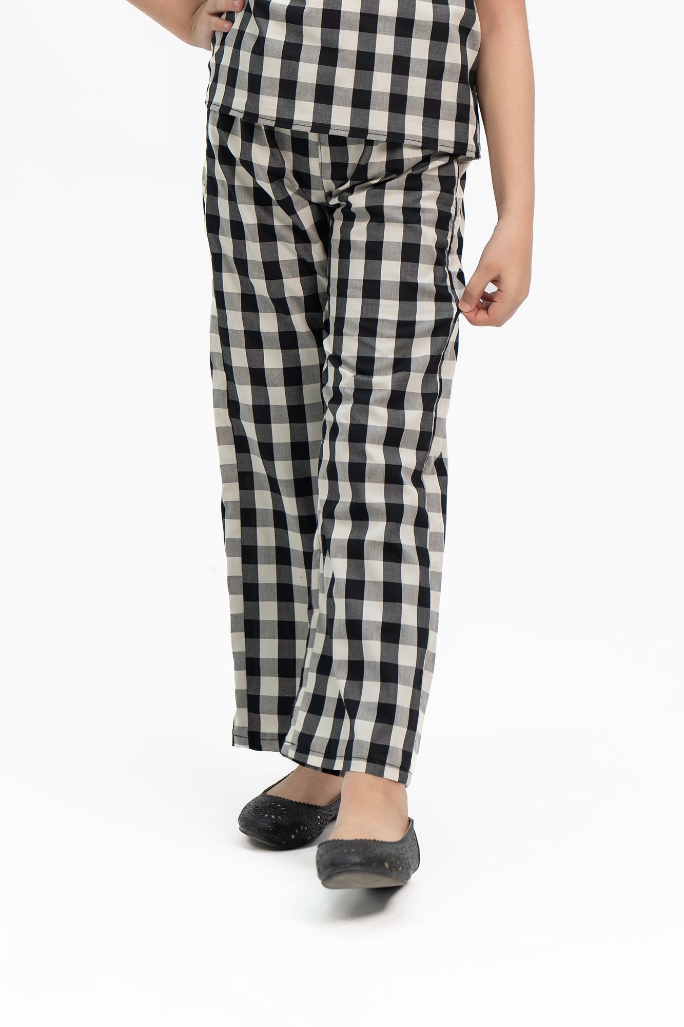 Girls Wide Leg Elasticated Pant - Black White Gingham Check