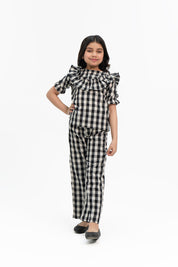 Girls Ruffle Puff Sleeve Top - Black White Gingham Check