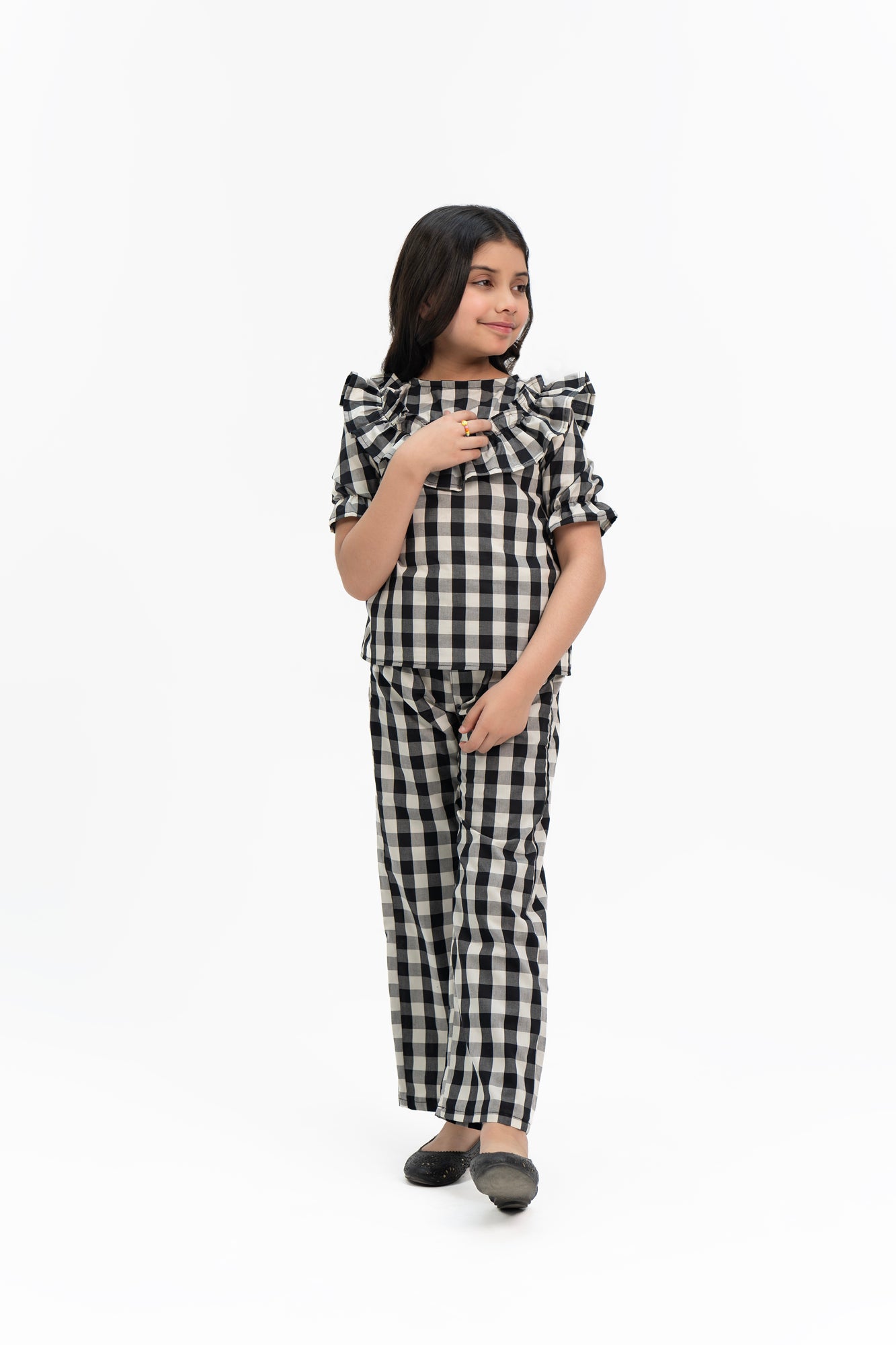 Girls Ruffle Puff Sleeve Top - Black White Gingham Check