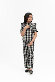 Girls Ruffle Puff Sleeve Top - Black White Gingham Check
