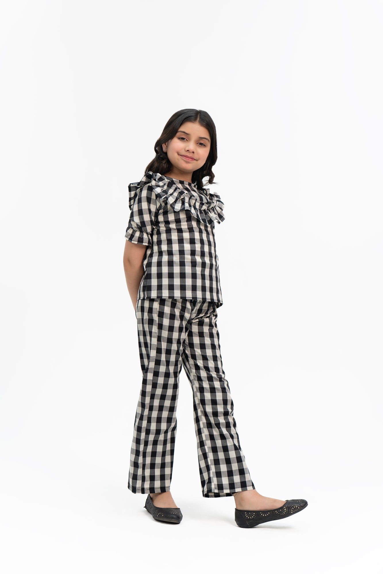 Girls Ruffle Puff Sleeve Top - Black White Gingham Check