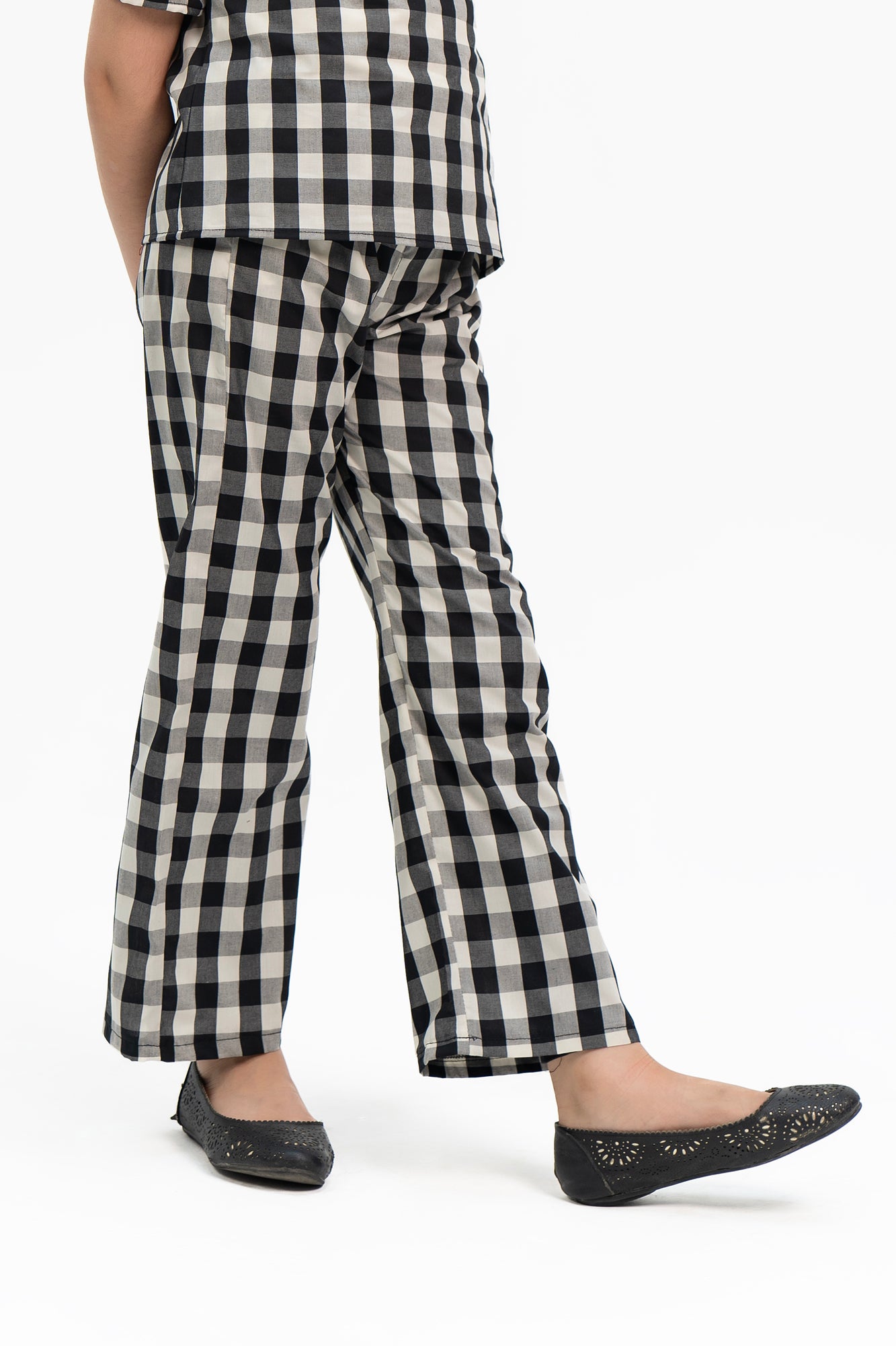 Girls Wide Leg Elasticated Pant - Black White Gingham Check