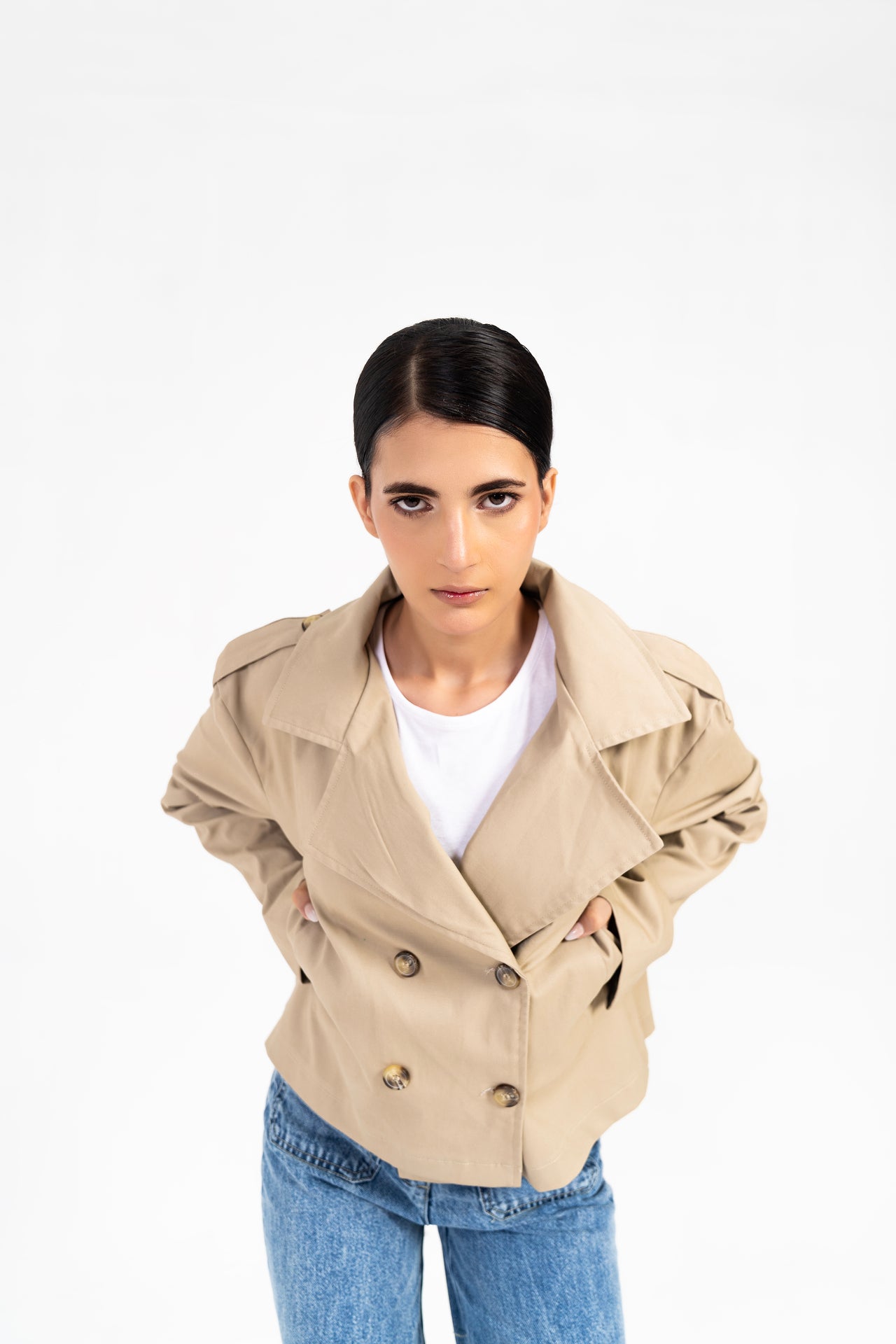 Double Breasted Cropped Trench Coat - Beige