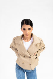 Double Breasted Cropped Trench Coat - Beige