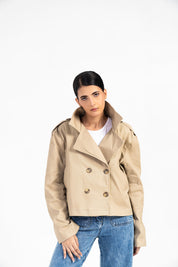 Double Breasted Cropped Trench Coat - Beige