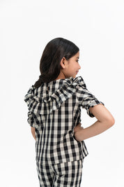 Girls Ruffle Puff Sleeve Top - Black White Gingham Check