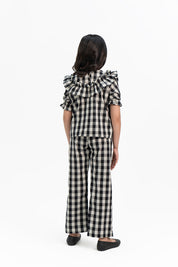 Girls Ruffle Puff Sleeve Top - Black White Gingham Check