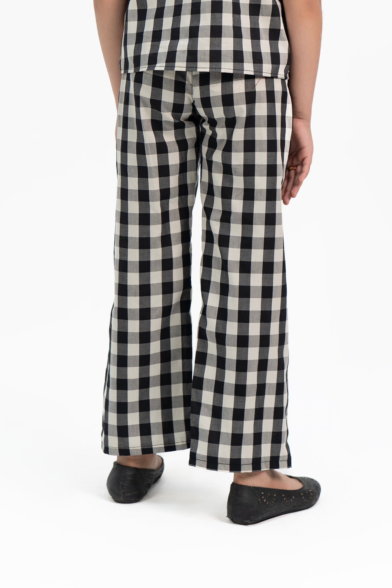 Girls Wide Leg Elasticated Pant - Black White Gingham Check