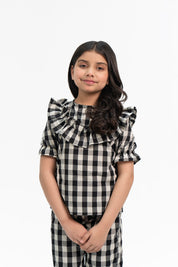 Girls Ruffle Puff Sleeve Top - Black White Gingham Check