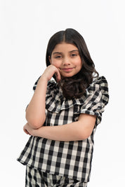 Girls Ruffle Puff Sleeve Top - Black White Gingham Check
