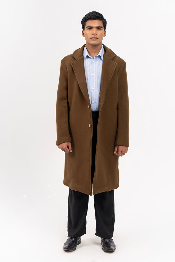 Men's Long Wool Coat - Greenish Brown