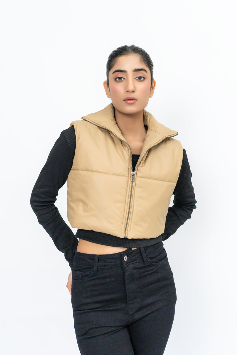Cropped Puffer Vest - Light Brown