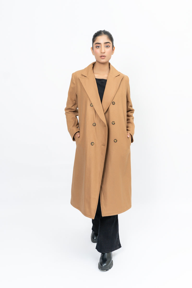 Double Breasted Wool Coat - Camel Brown