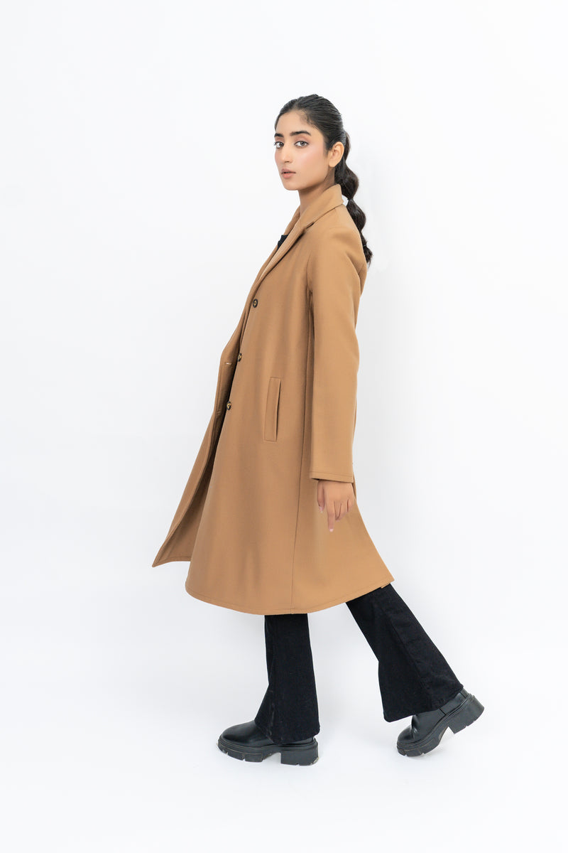 Double Breasted Wool Coat - Camel Brown