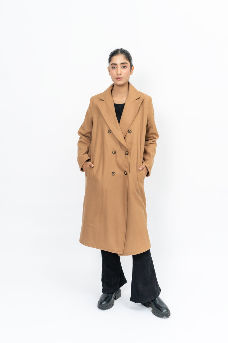 Double Breasted Wool Coat - Camel Brown