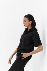 Short Sleeve Shirt with Pocket in Linen - Black