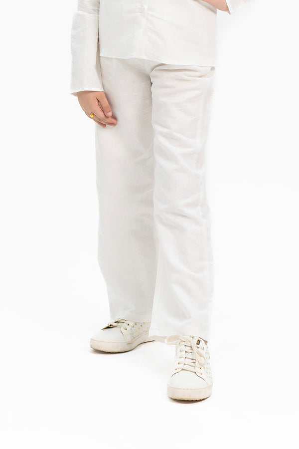 Girls High Waisted Linen Pant -  White