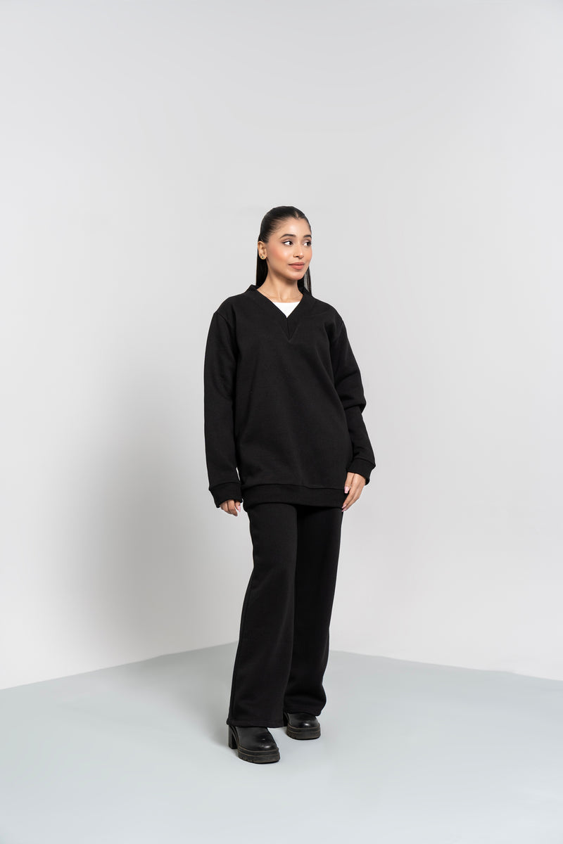 V Neck Oversized Fleece Top - Black