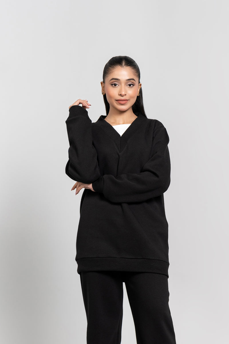 V Neck Oversized Fleece Top - Black