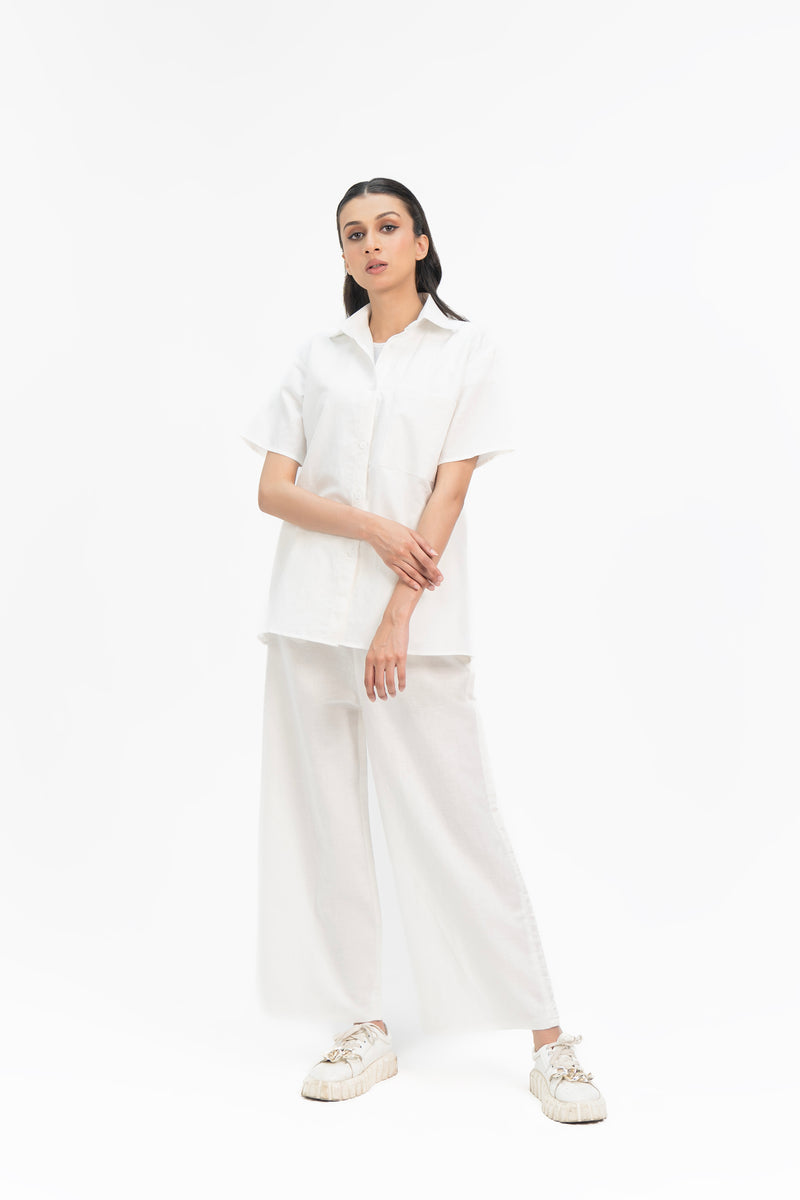 Short Sleeve Shirt with Pocket in Linen - White