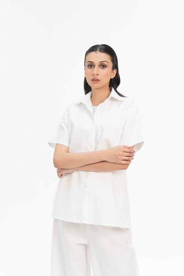 Short Sleeve Shirt with Pocket in Linen - White