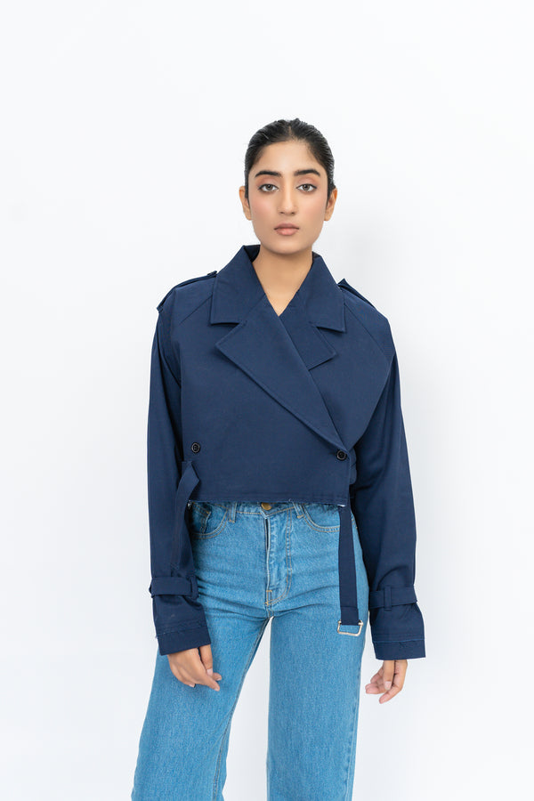 Oversized Cropped Trench Coat - Navy Blue