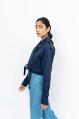Oversized Cropped Trench Coat - Navy Blue
