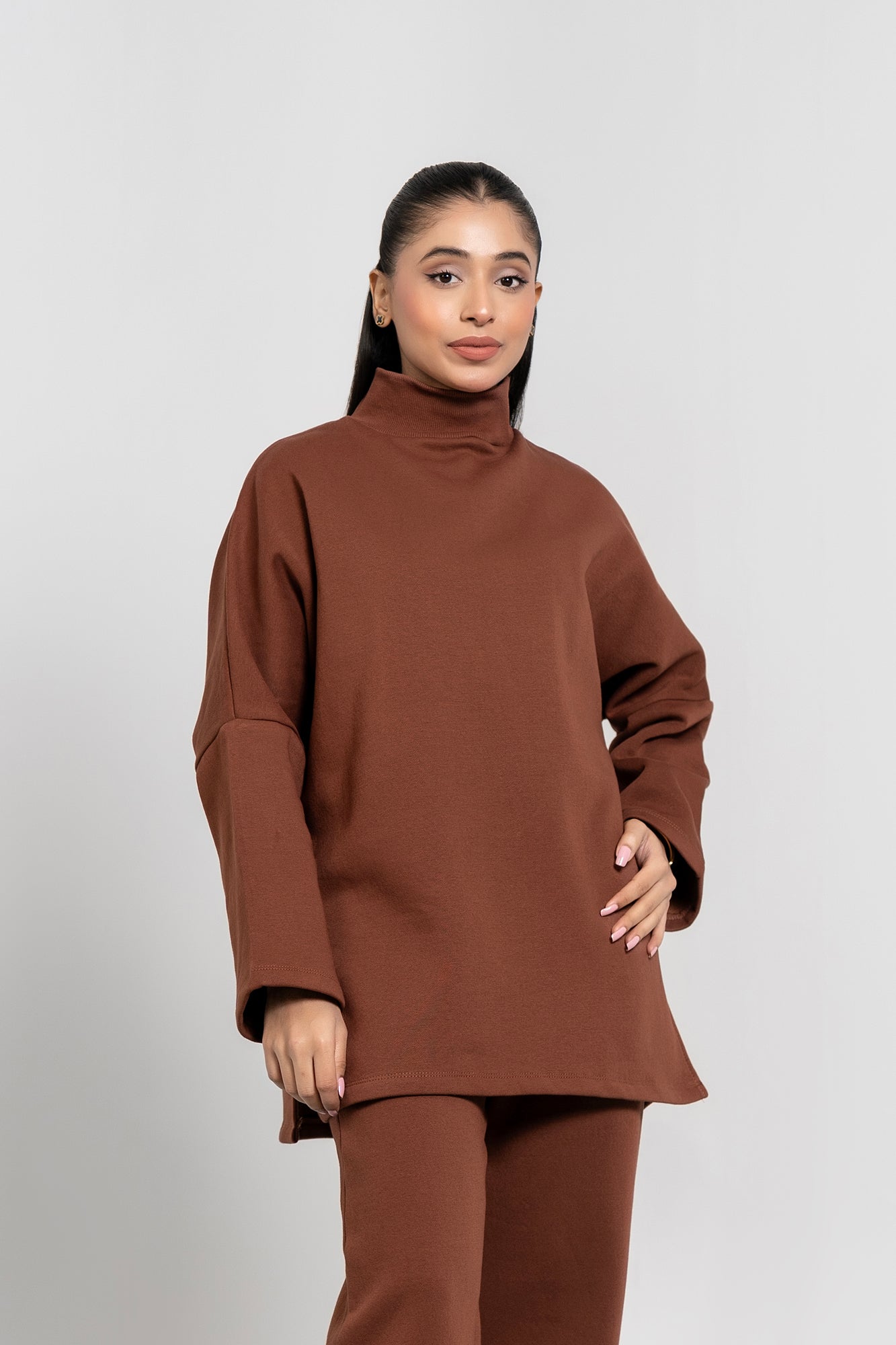 High Neck Fleece Top - Mocha Brown