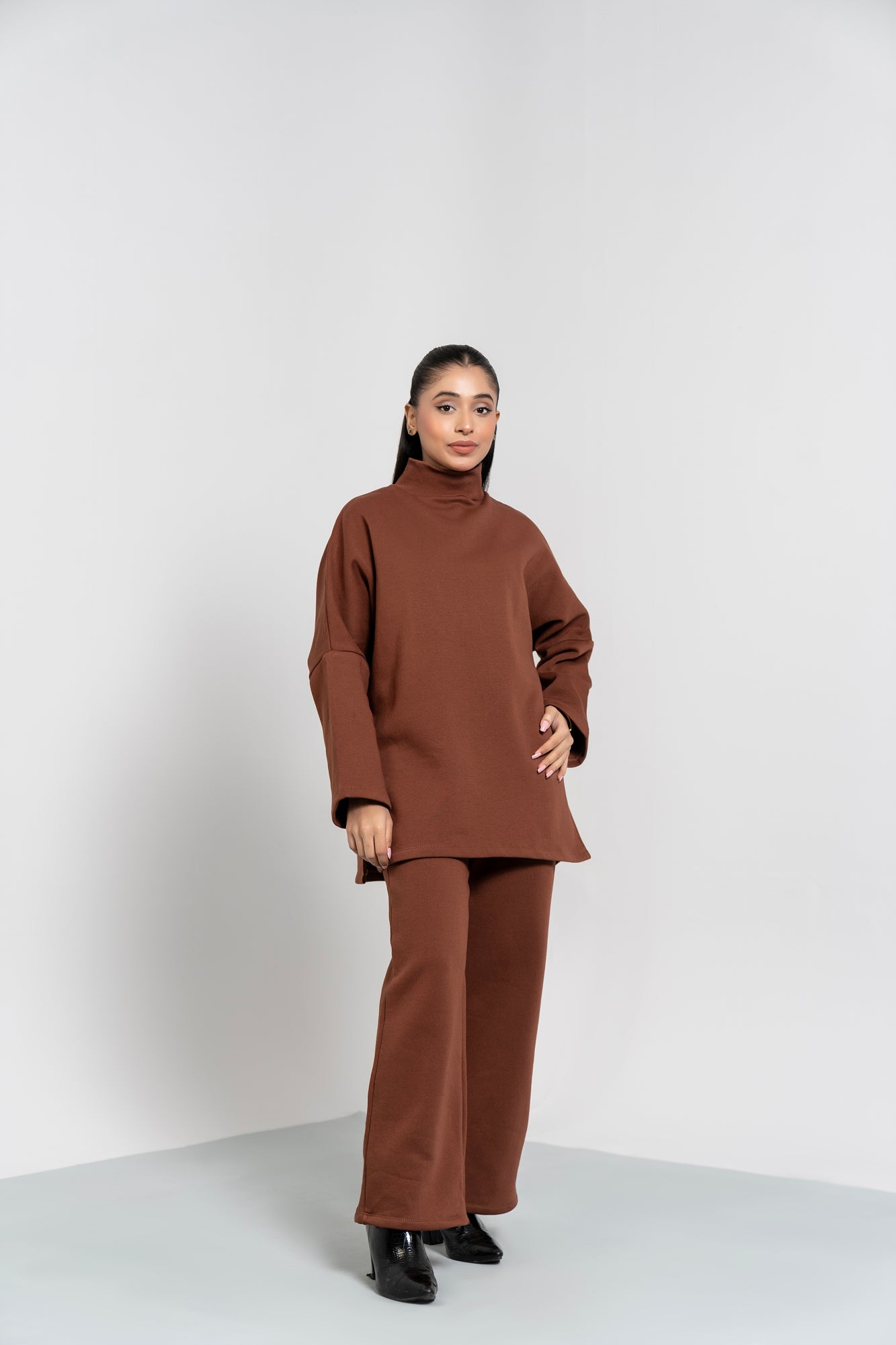 High Neck Fleece Top - Mocha Brown