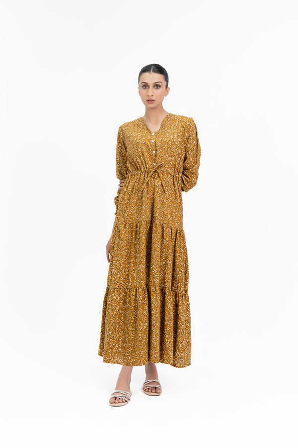 V Neck Dress With Drawcord - Mustard Floral