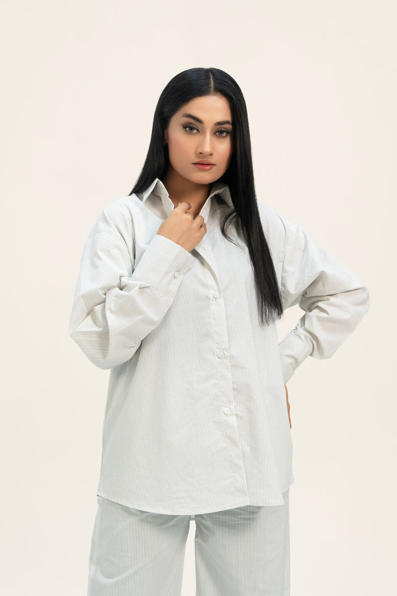 Oversized Shirt with Pleat at Back - Black pinstripe on white