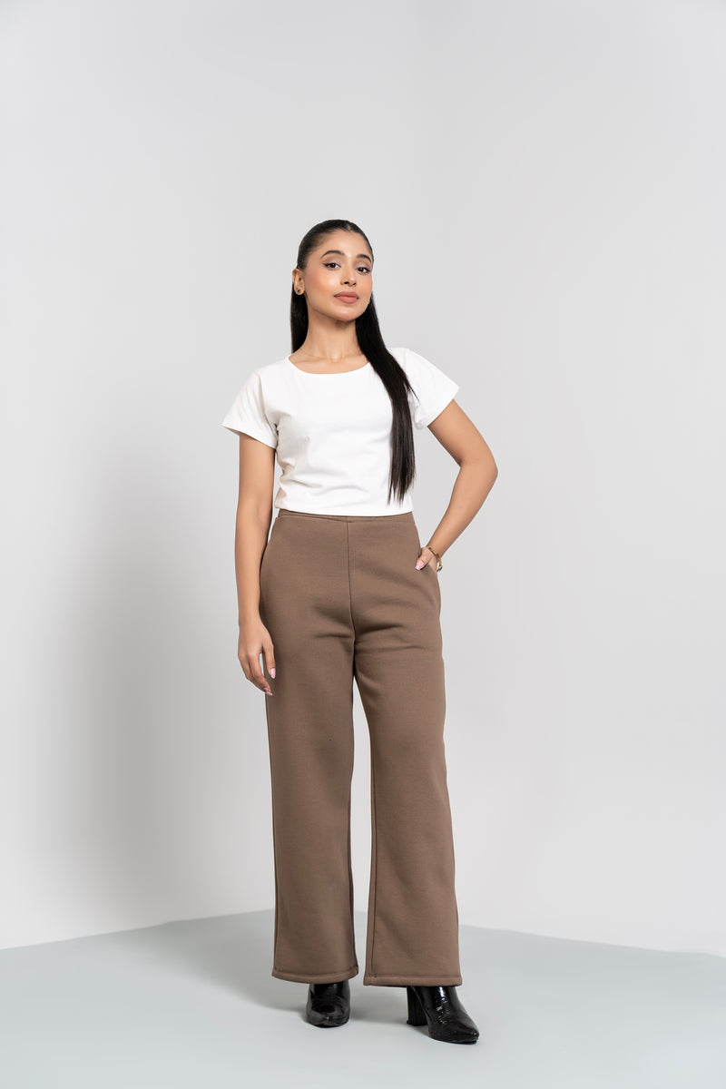 Fleece Wide Leg Pant with Pocket - Brown