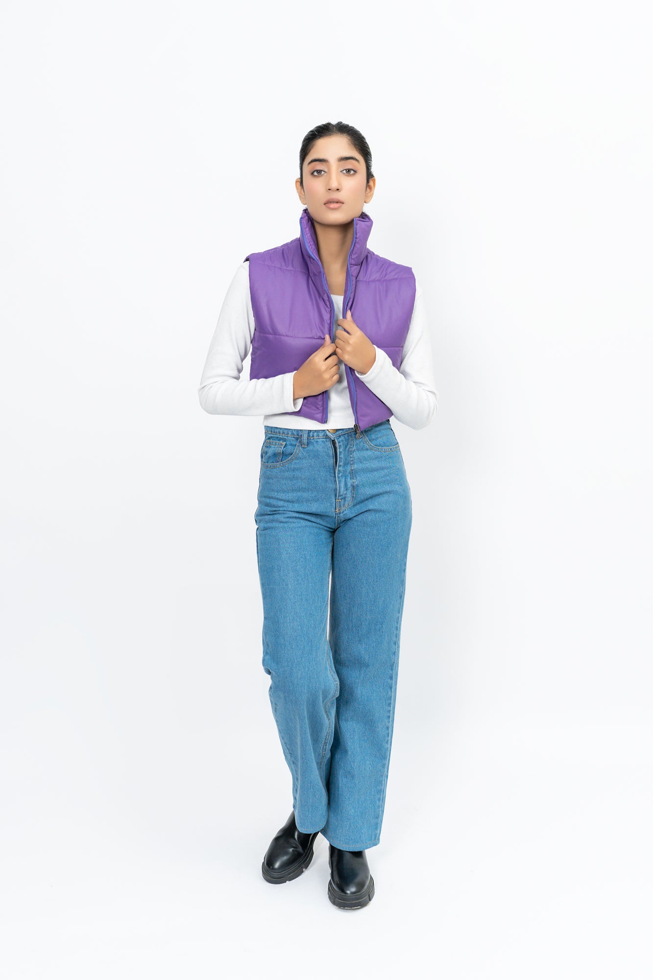 Cropped Puffer Vest - Purple