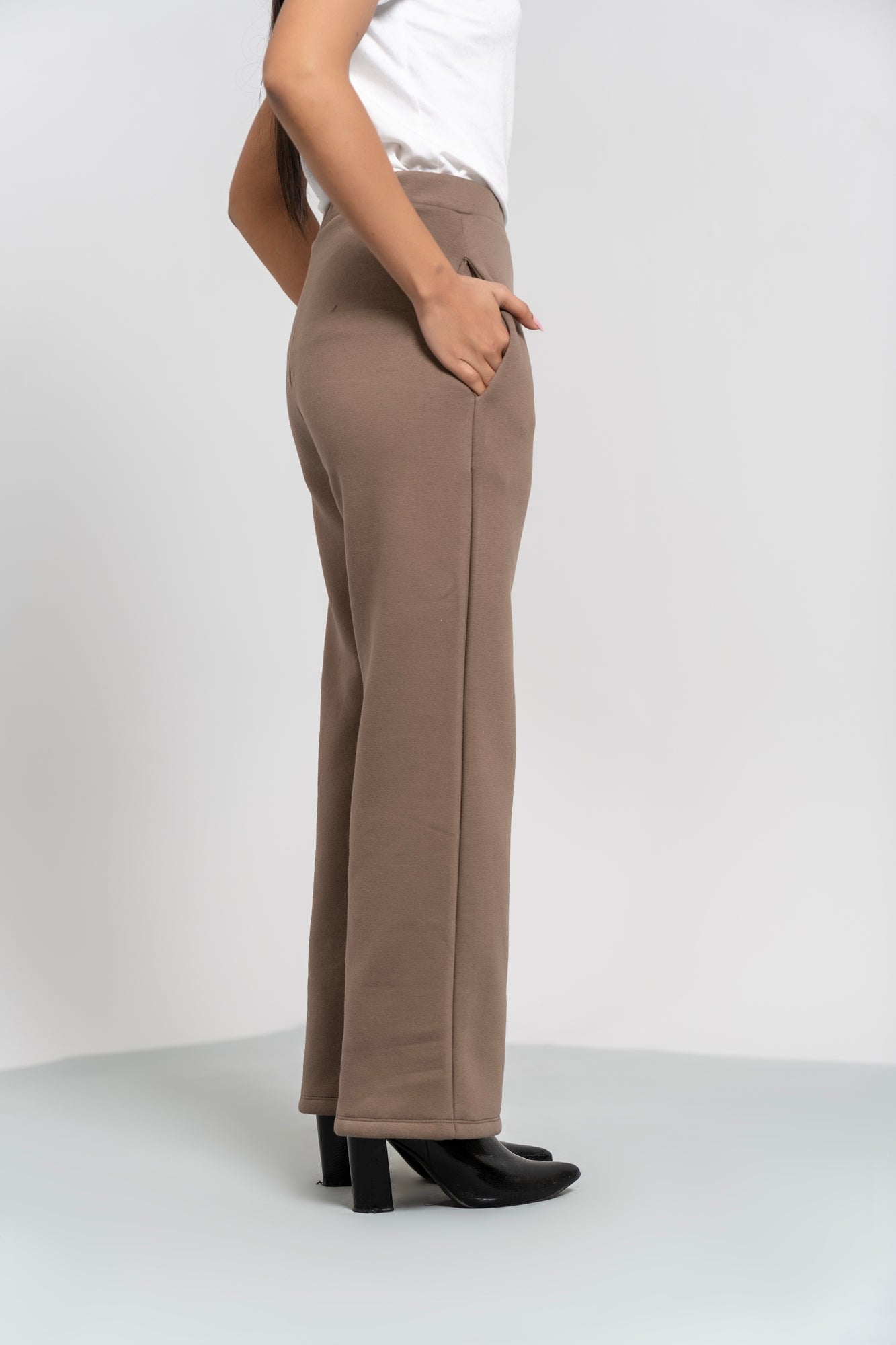 Fleece Wide Leg Pant with Pocket - Brown