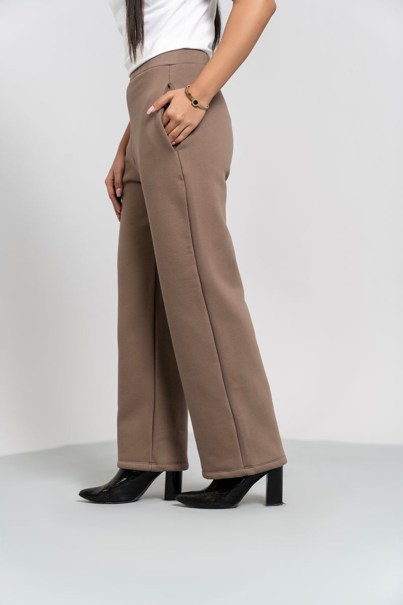 Fleece Wide Leg Pant with Pocket - Brown