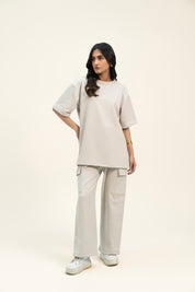 Wide Leg Cargo Pant in Terry - Stone