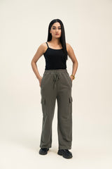 Wide Leg Cargo Pant in Terry - Army Green