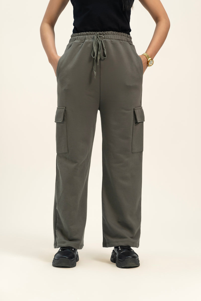 Wide Leg Cargo Pant in Terry - Army Green