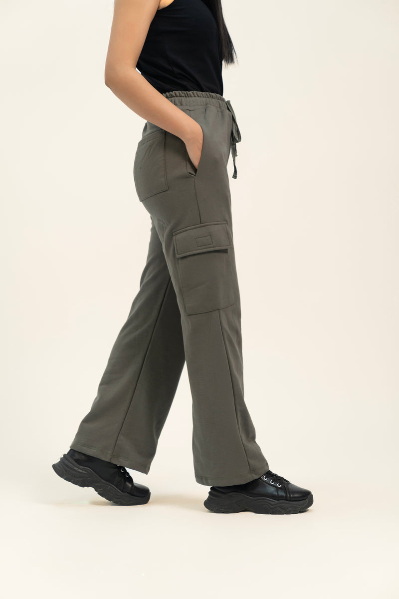 Wide Leg Cargo Pant in Terry - Army Green